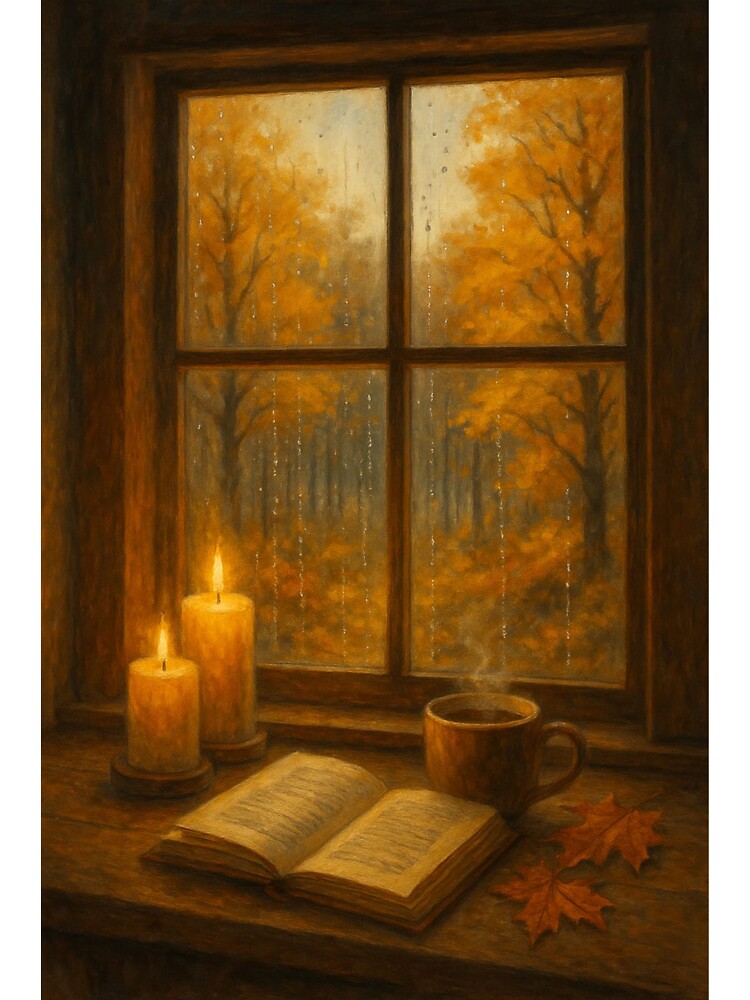 A cozy autumn evening scene viewed through a rain-speckled window. by OxiSkor