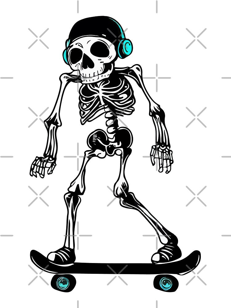 Funny skeleton skateboarder with headphones by TomFrontierArt