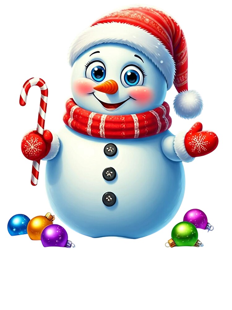 Cute Smiling Snowman with Candy Cane and Santa Hat – Festive Winter Holiday Cartoon Art by PixelVibe782