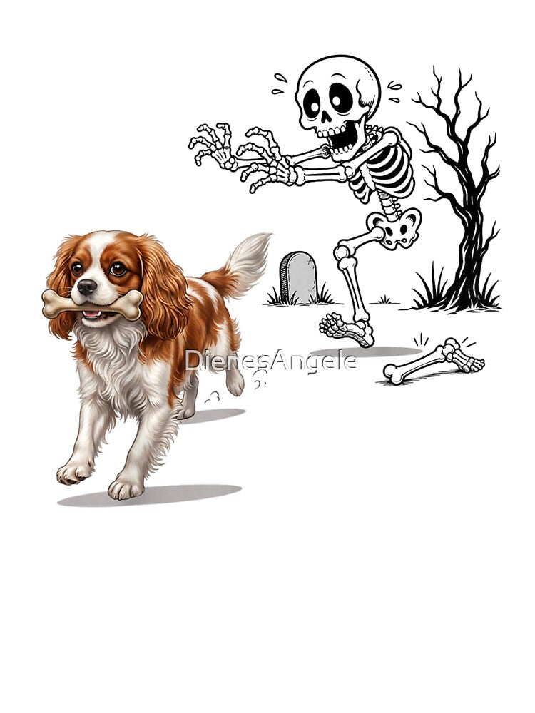 Funny Cavalier King Charles Dog Stealing Skeleton Bone Halloween Chase Scene by DienesAngele
