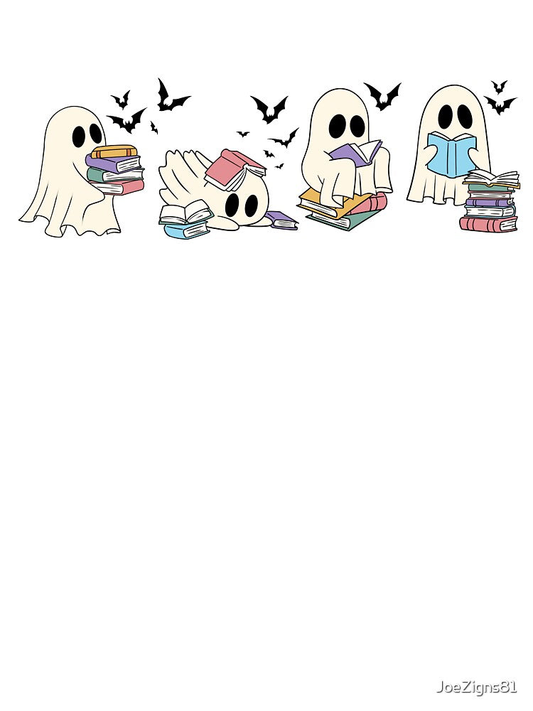 Four Ghosts Reading Books Graphic – Cute Spooky Halloween Design with Flying Bats by JoeZigns81