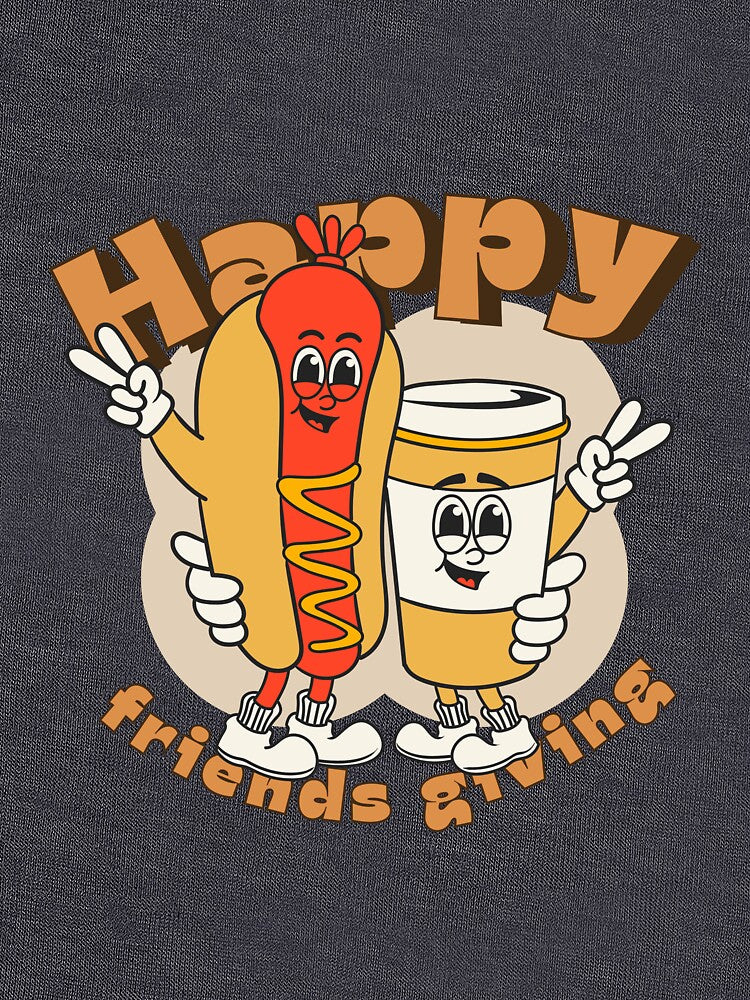 Happy Friendsgiving. Retro 70s cartoon Hotdog and coffee taking friendship picture. by VieBelieve