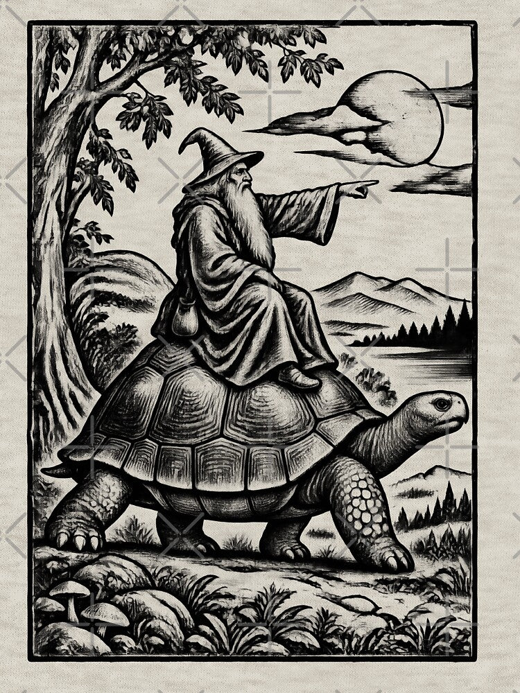 Medieval Wizard Tortoise Rider – Vintage Fantasy Art by AmiGraph