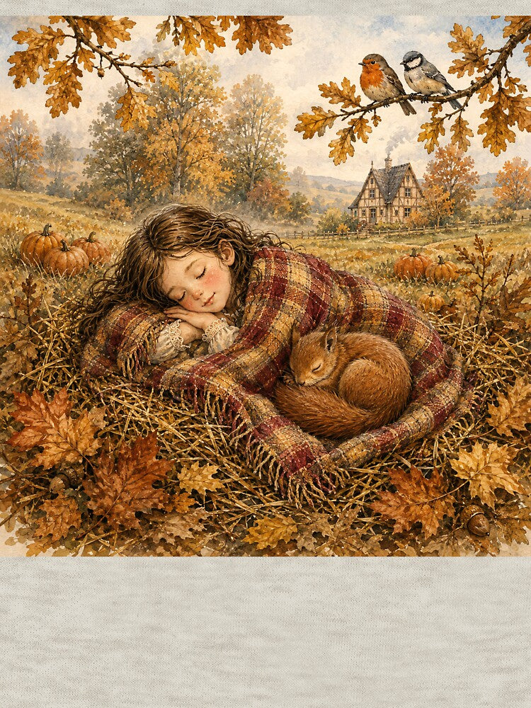 Sleeping girl with squirrel in autumn magic by thirtyonestars
