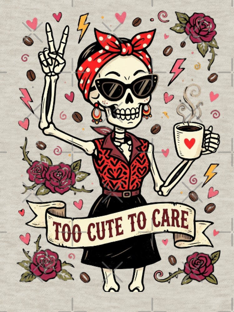 Too Cute to Care Funny Skeleton Messy Bun Graphic by w66aboo