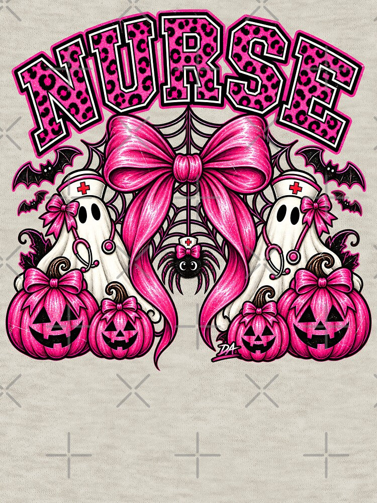 Nurse Halloween Pink Coquette Bow Ghost Nurse Art by DesignArtist.ia