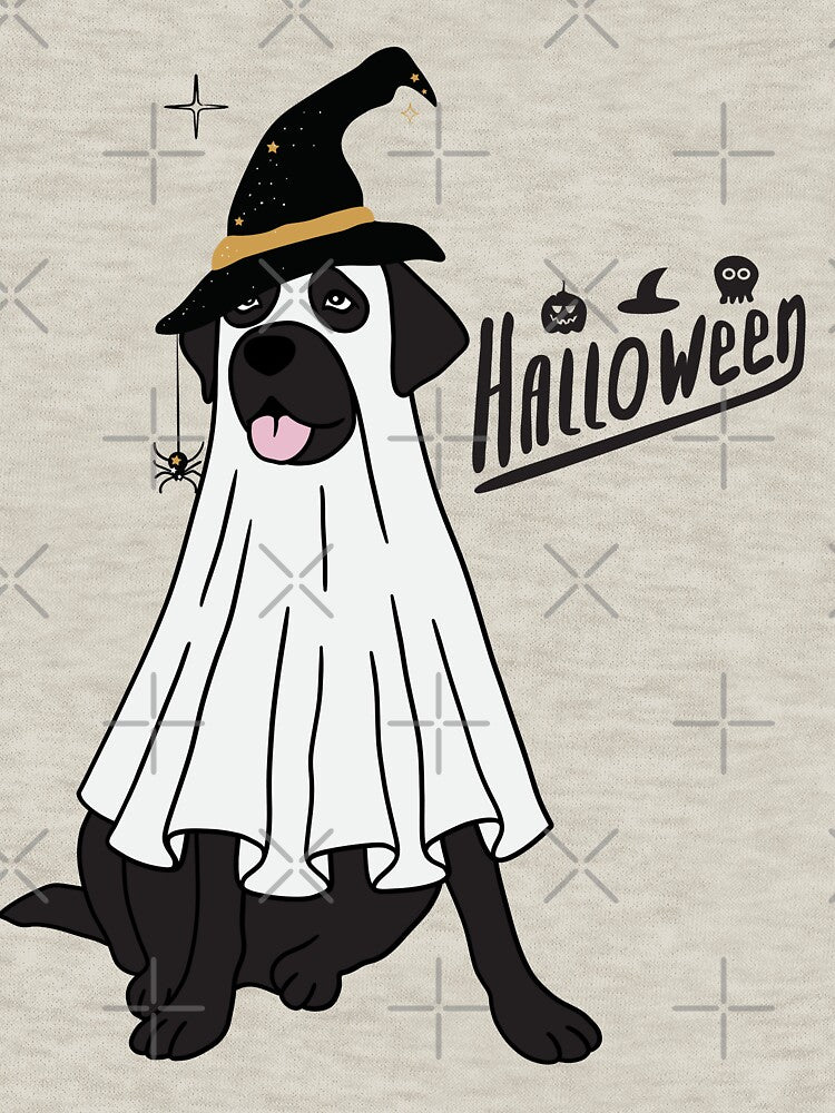 "Spooky and Cute: Black Dog in Ghost Costume" "Adorable Ghost Pup: Black Dog Halloween Fun" by Playful Strokes pom@pom