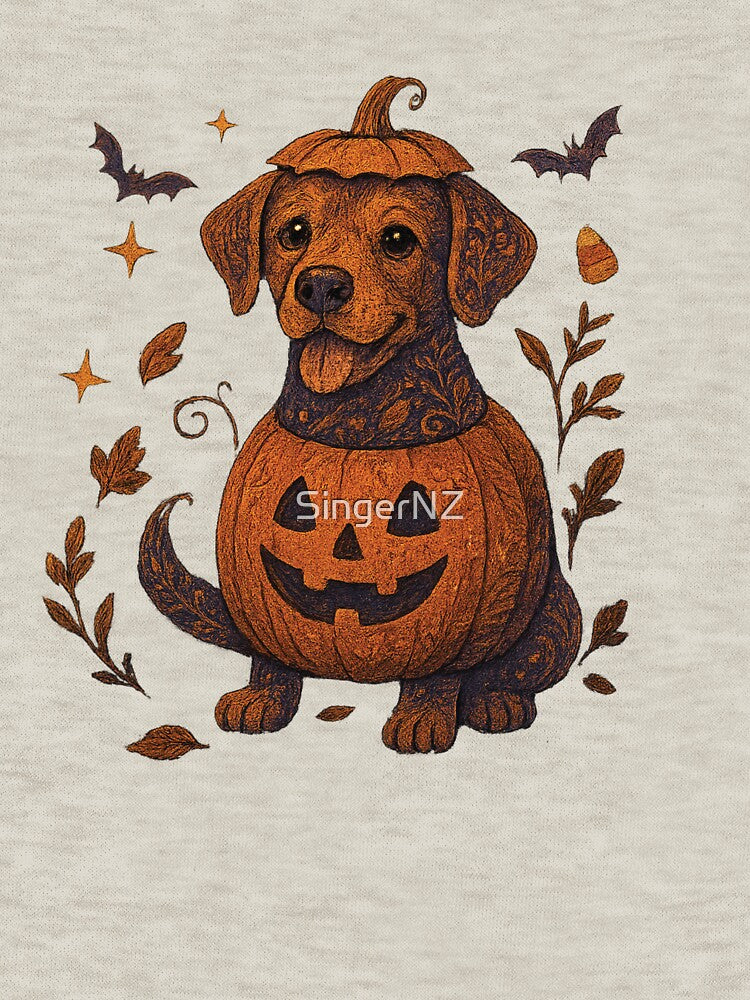 Whimsical Halloween Dog Illustration | Pumpkin Floral Dog Art by SingerNZ