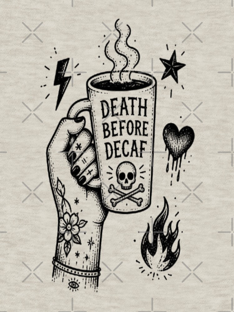 Death Before Decaf Skeleton Hand Coffee Tattoo by creativerooney