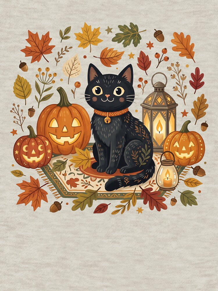 Black Cat with Pumpkins Watercolor Halloween Illustration by Biwbiwty