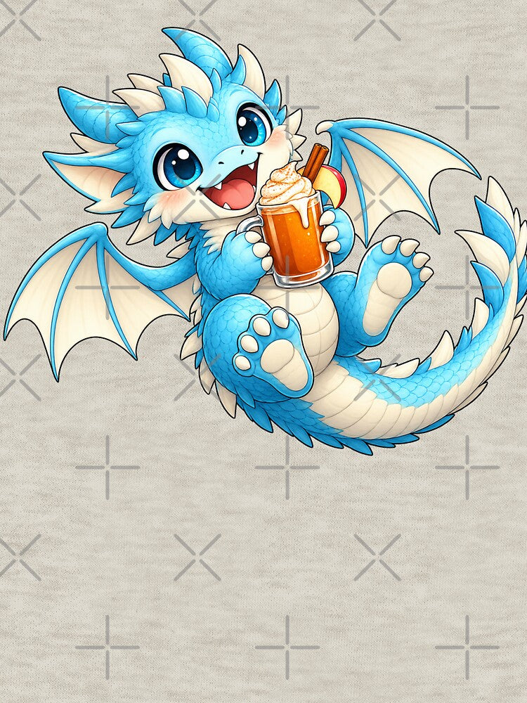 Cute Blue Baby Dragon with Cozy Autumn Cider by Hatchling Hollow