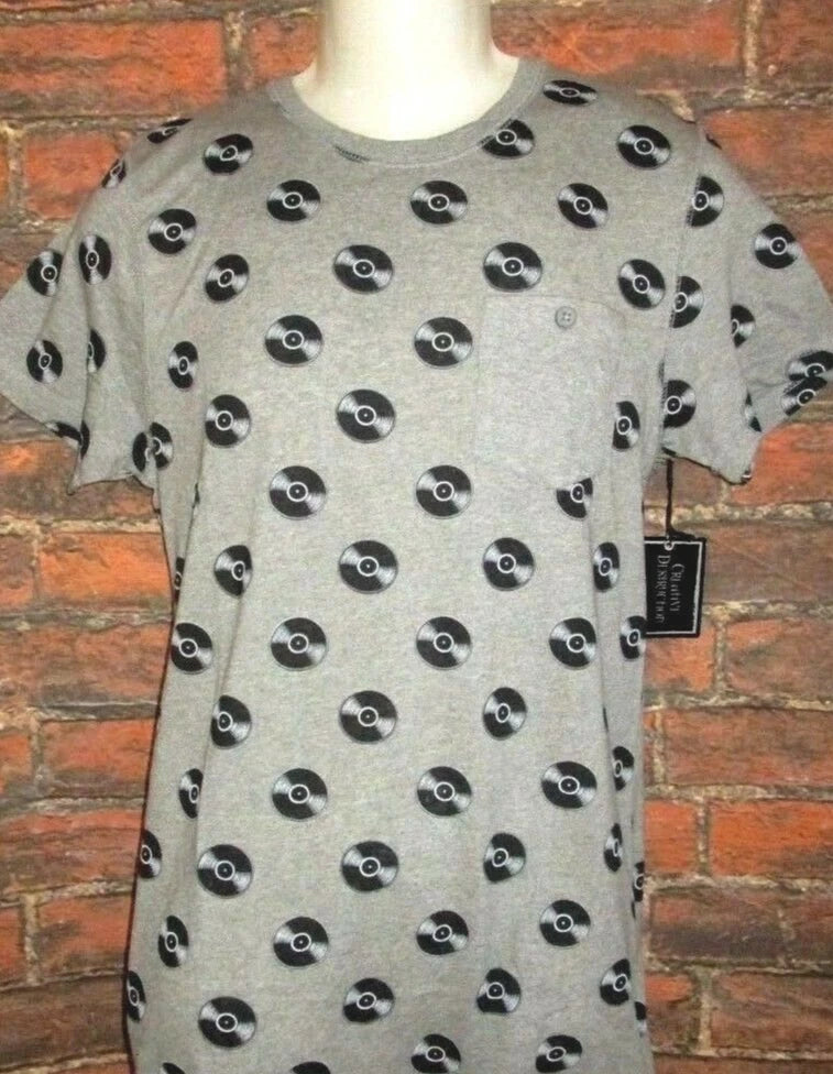 MENS CREATIVE DESTRUCTION VINYL RECORD HEATHER GRAY POCKET T-SHIRT SIZE L