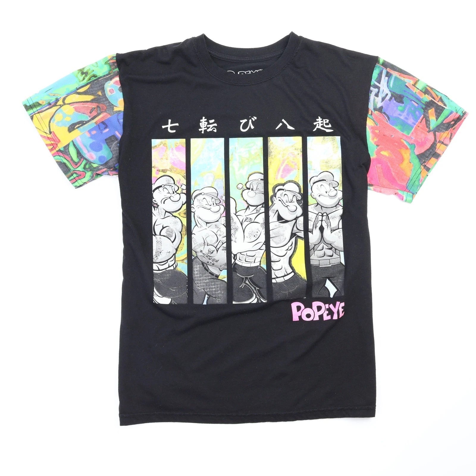Popeye Kanji Graphic T‑Shirt Black Graffiti Sleeve Anime Style Men's Medium