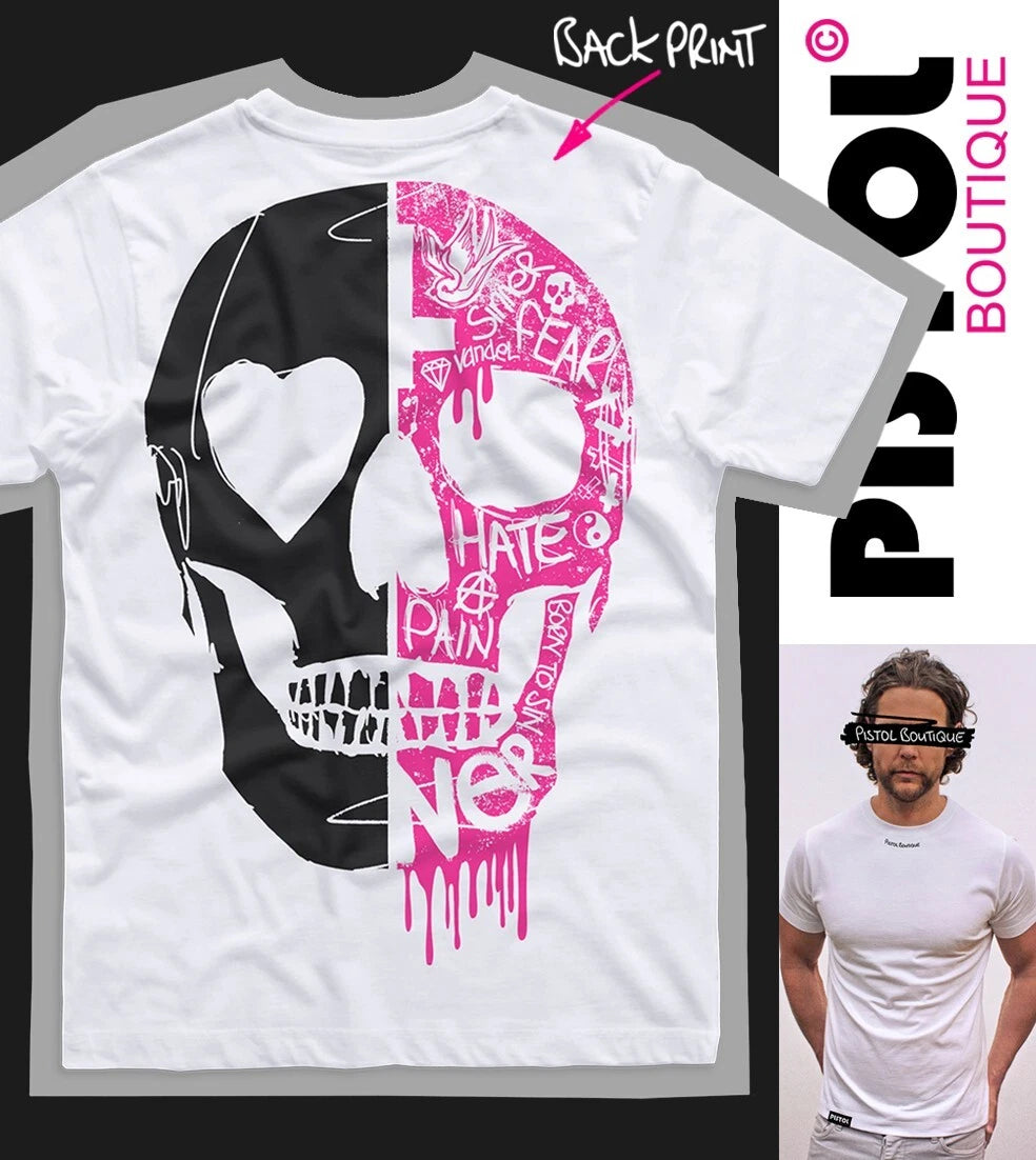 Pistol Boutique Men's GRAFFITI TATTOOS HALF SKULL Crew Neck T-shirt BACK PRINT
