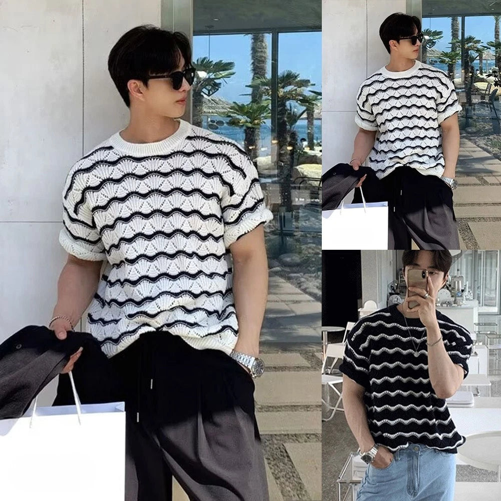Summer Streetwear Wave Jacquard Tee Breathable Fabric Polyester Cotton