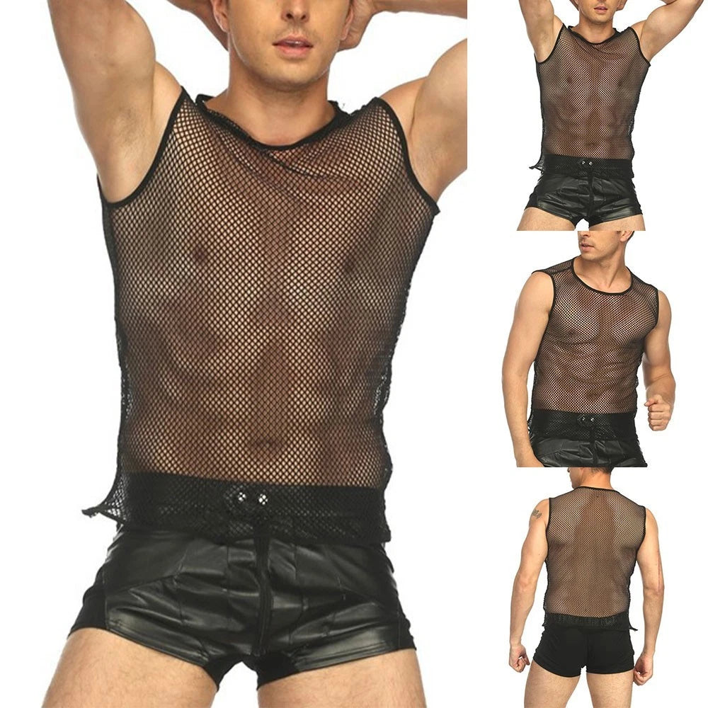 Lightweight Trendy See Through Mesh Fishnet String Vest Men's Sport Shirt