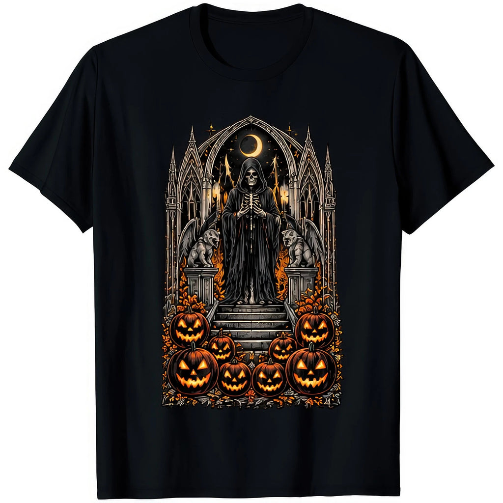 Reaper On Throne With Pumpkins Grim Skeleton Halloween Gothic Cathedral T Shirt