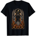 Reaper On Throne With Pumpkins Grim Skeleton Halloween Gothic Cathedral T Shirt