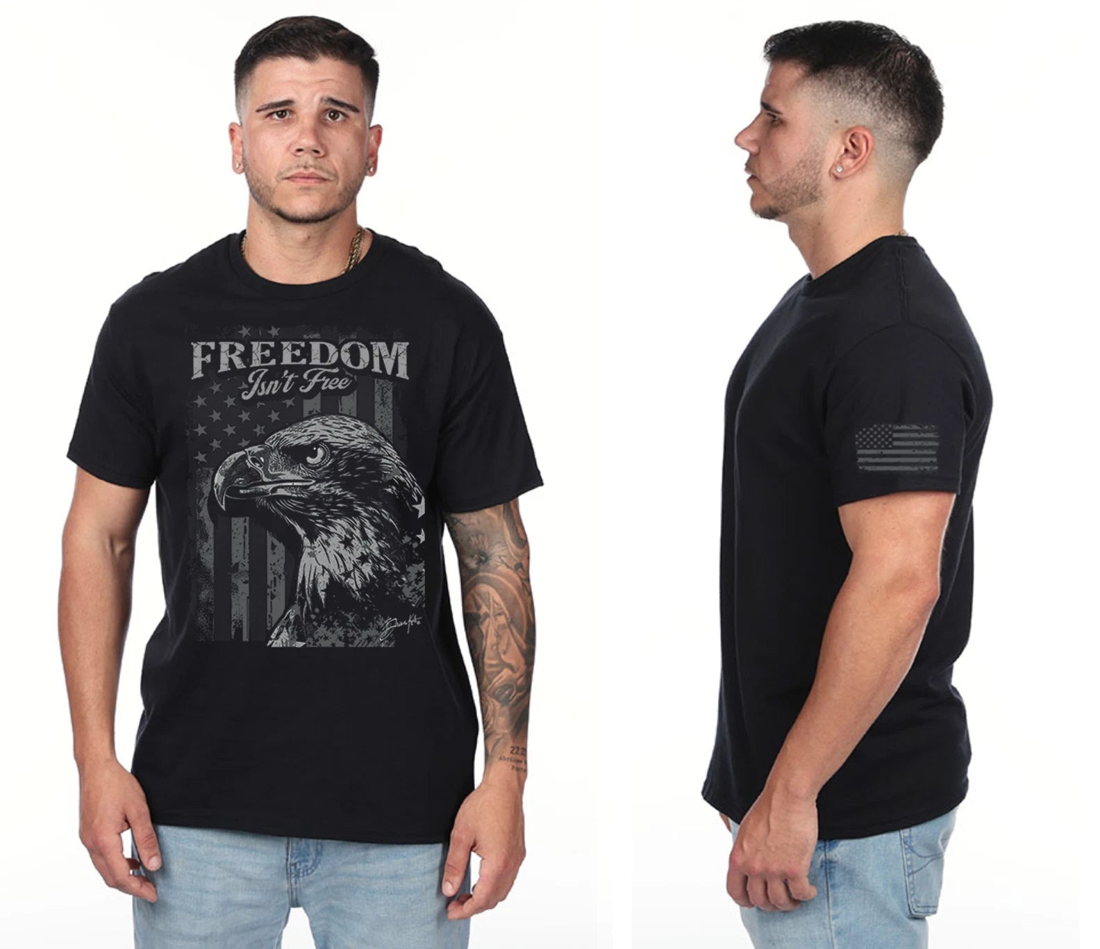 Military Patriotic Veterans Day T-shirt American Flag Sleeve Freedom Bald Eagle