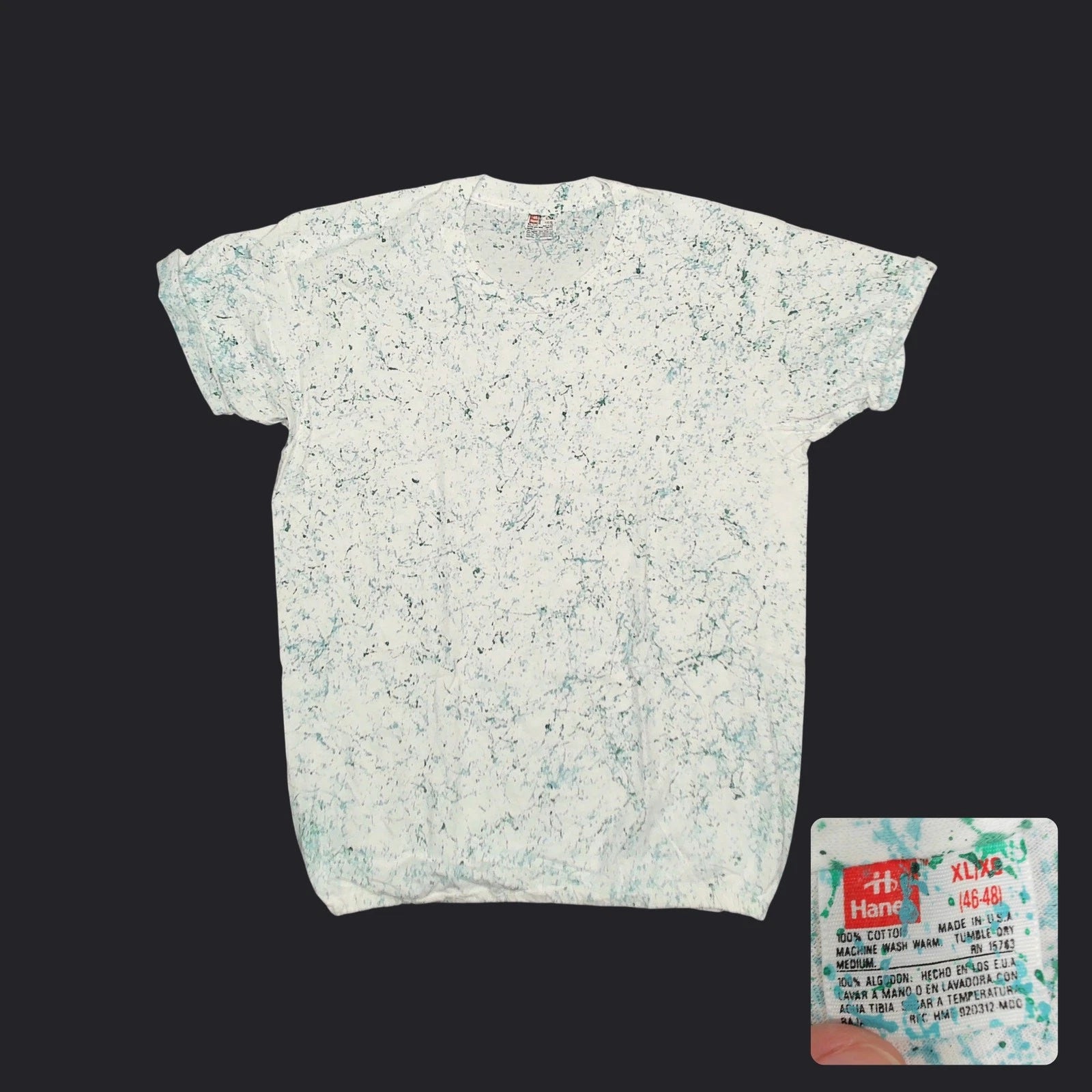 Vintage 80s Hanes Paint Splatter T-Shirt Custom Bubble Hem White Aqua Fit M