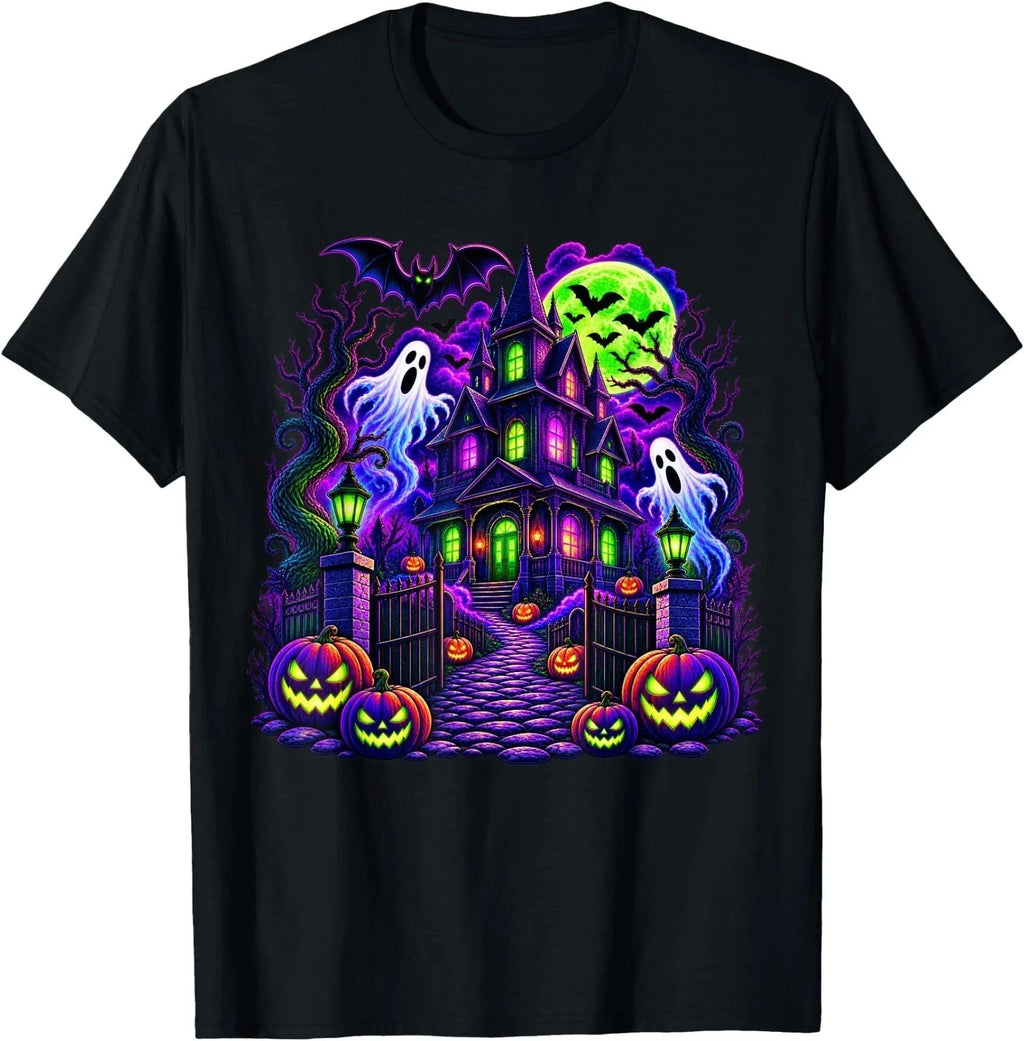 Haunted House Ghost Pumpkin Neon Halloween Horror T-shirt