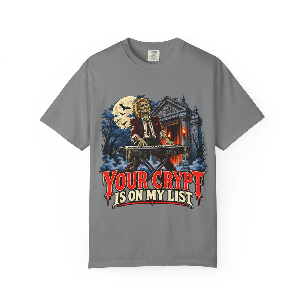 Your Crypt Is On My List T-shirt | Halloween 80s Zombie Rocker Tee