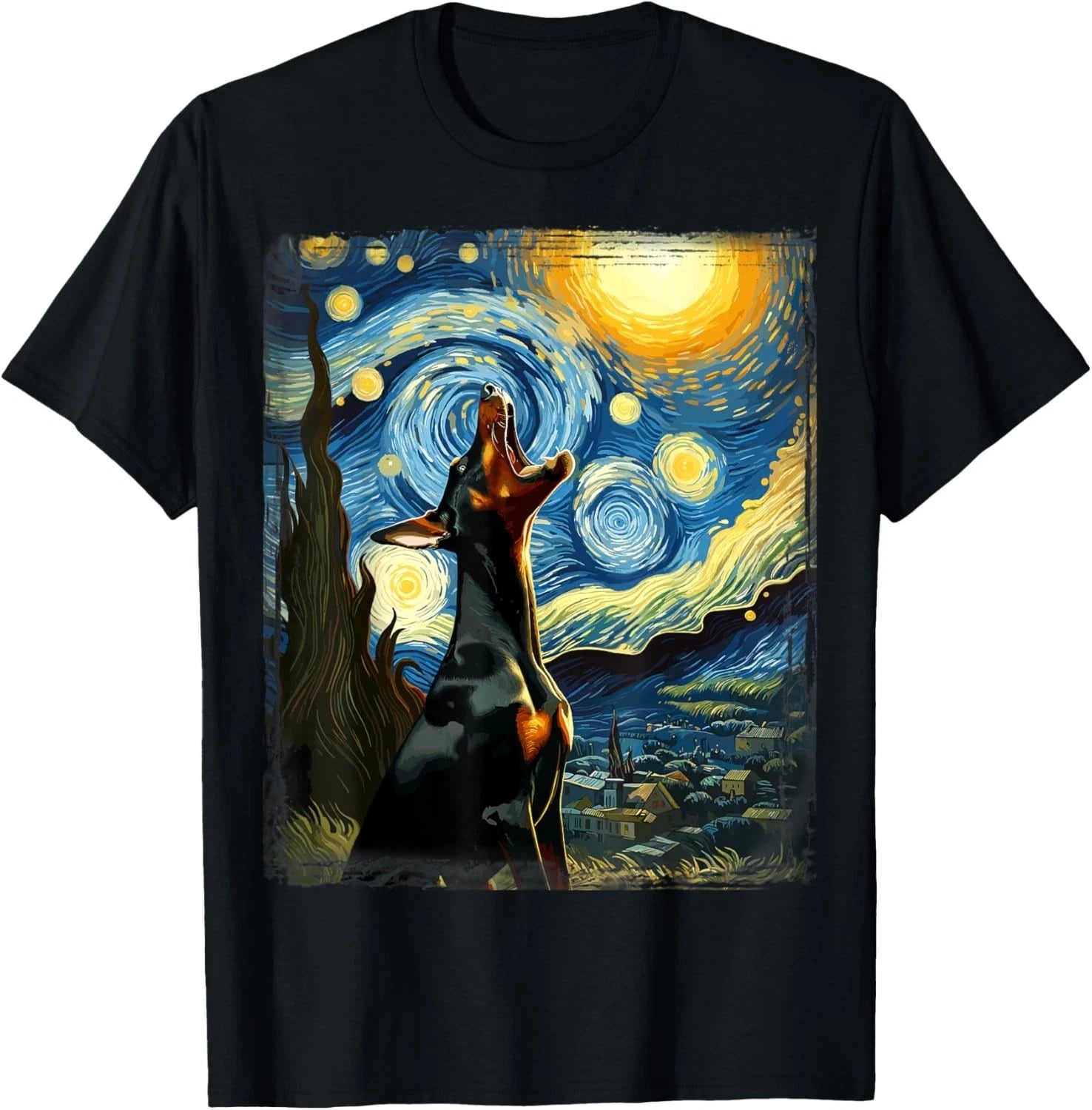 Doberman Pinscher Canine Art Van Gogh Starry Night Doberman Gift Unisex T-Shirt