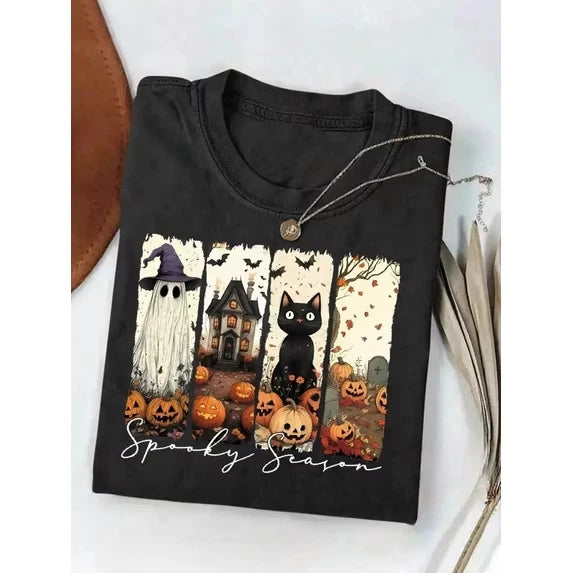 Spooky Season Halloween Ghost Black Cat Pumpkin Haunted House Graphic T-Shirt