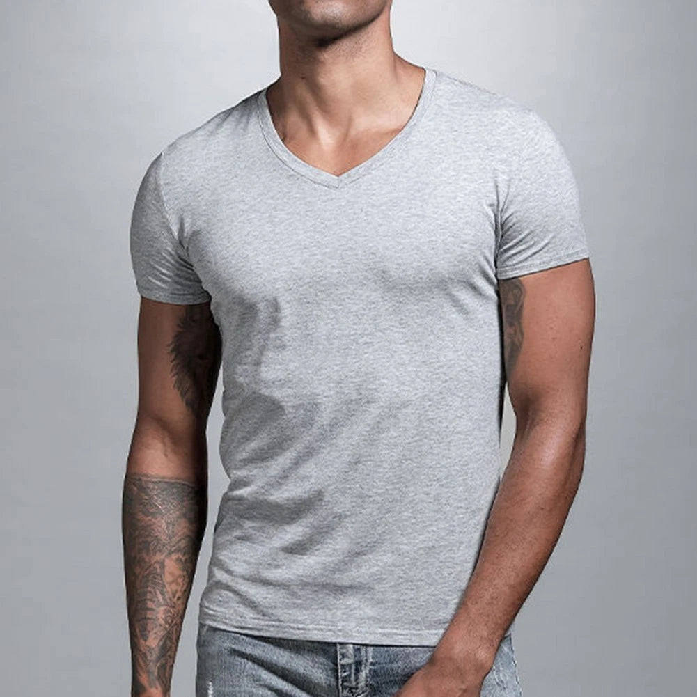 Trendy Low Cut V Neck Short Sleeve T Shirt for Men Summer Hipster Look
