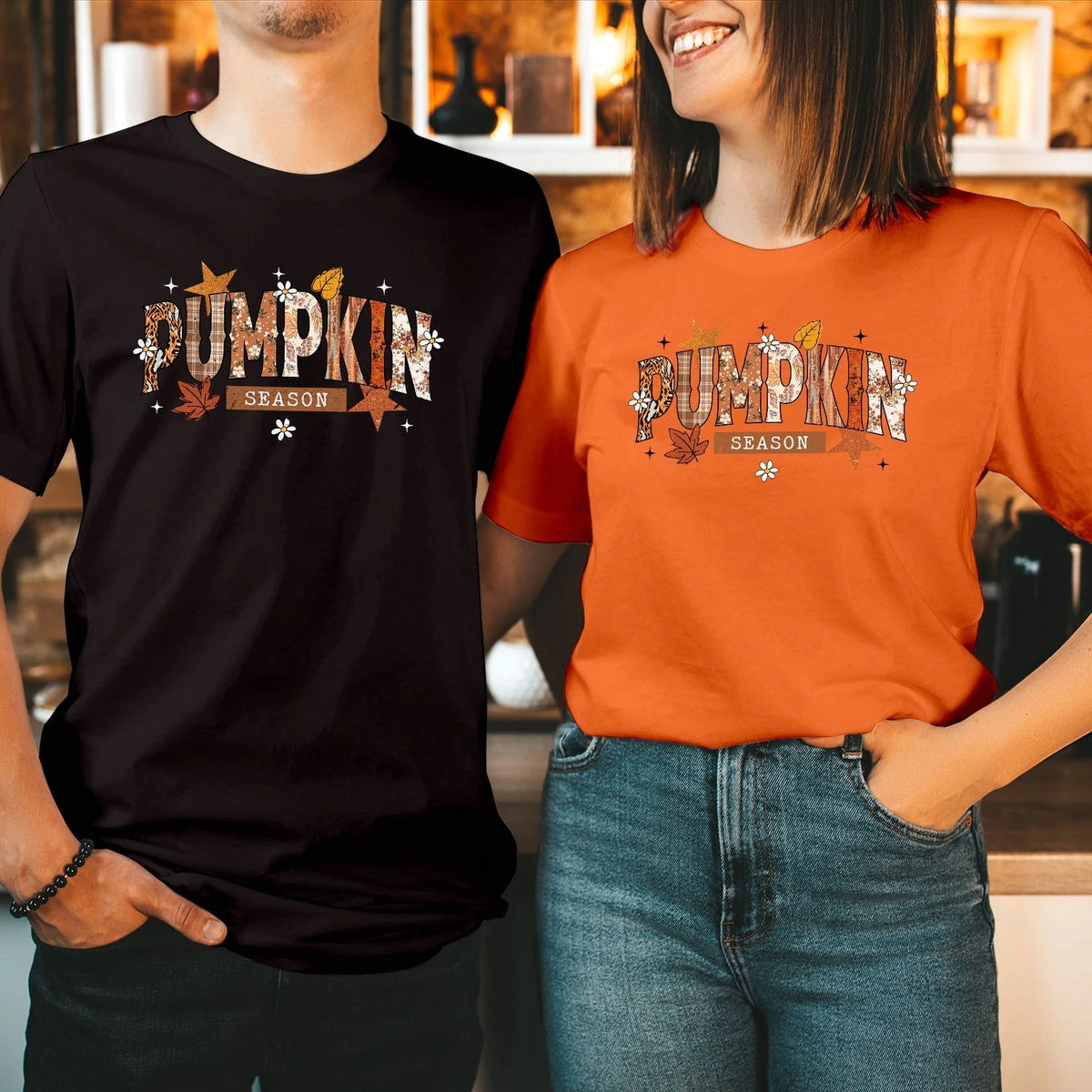 Pumpkin Season T-Shirt Cute Fall Autumn Leaves Star Retro Spooky Gift Tee T-2088
