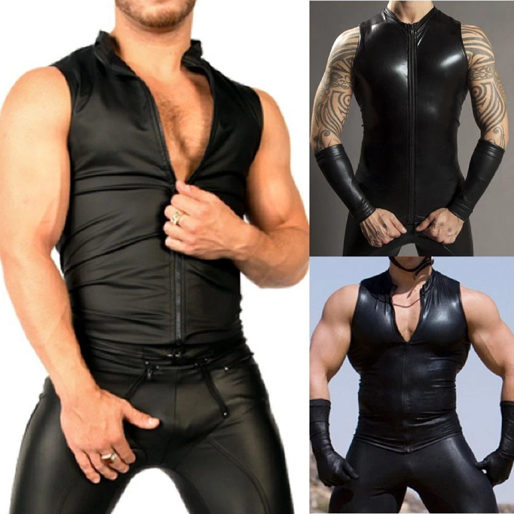 Men's Trendy Shiny PU Leather Sleeveless Zip T shirt for Parties and Clubs