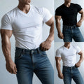 V Neck Short Sleeve T Shirt for Men Solid Color Casual Streetwear Pullover