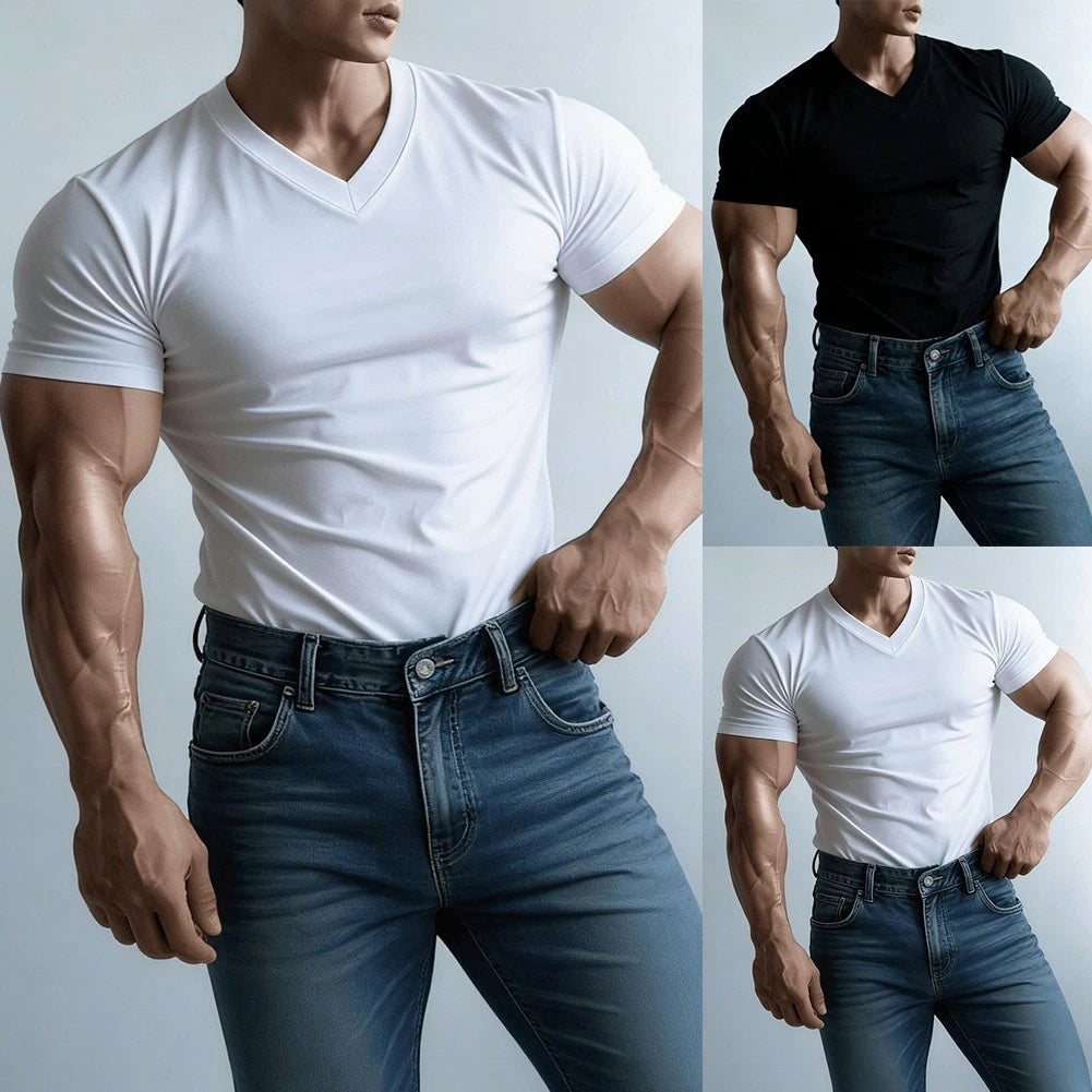 V Neck Short Sleeve T Shirt for Men Solid Color Casual Streetwear Pullover