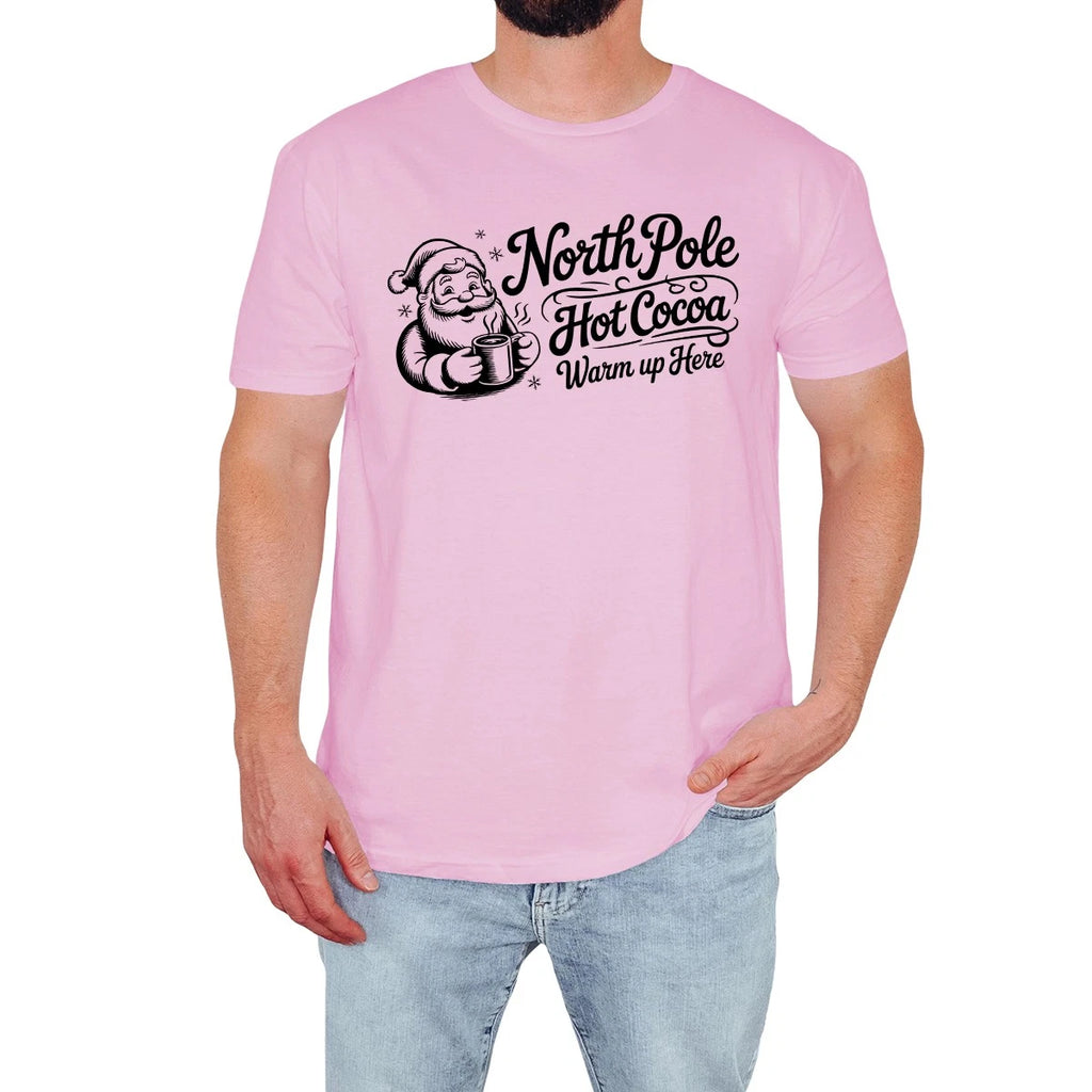 Santa Claus Mens T-Shirt North Pole Hot Cocoa Warm Up Here Christmas Gift