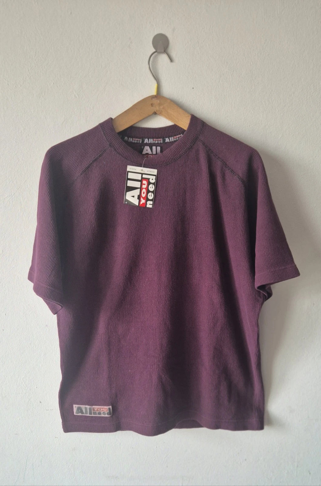 Vintage ALL YOU NEED T-Shirt Y2K 2000s Waffle Ribbed Burgundy Made in Italy NWT
