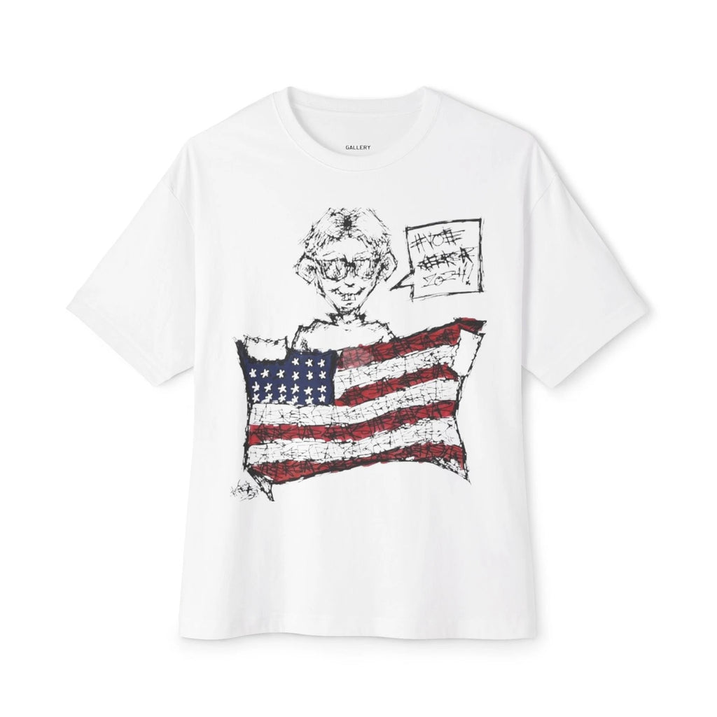 Vintage Y2k Sketched Figure with Distressed American Flag Tee | Boxy T-Shirt