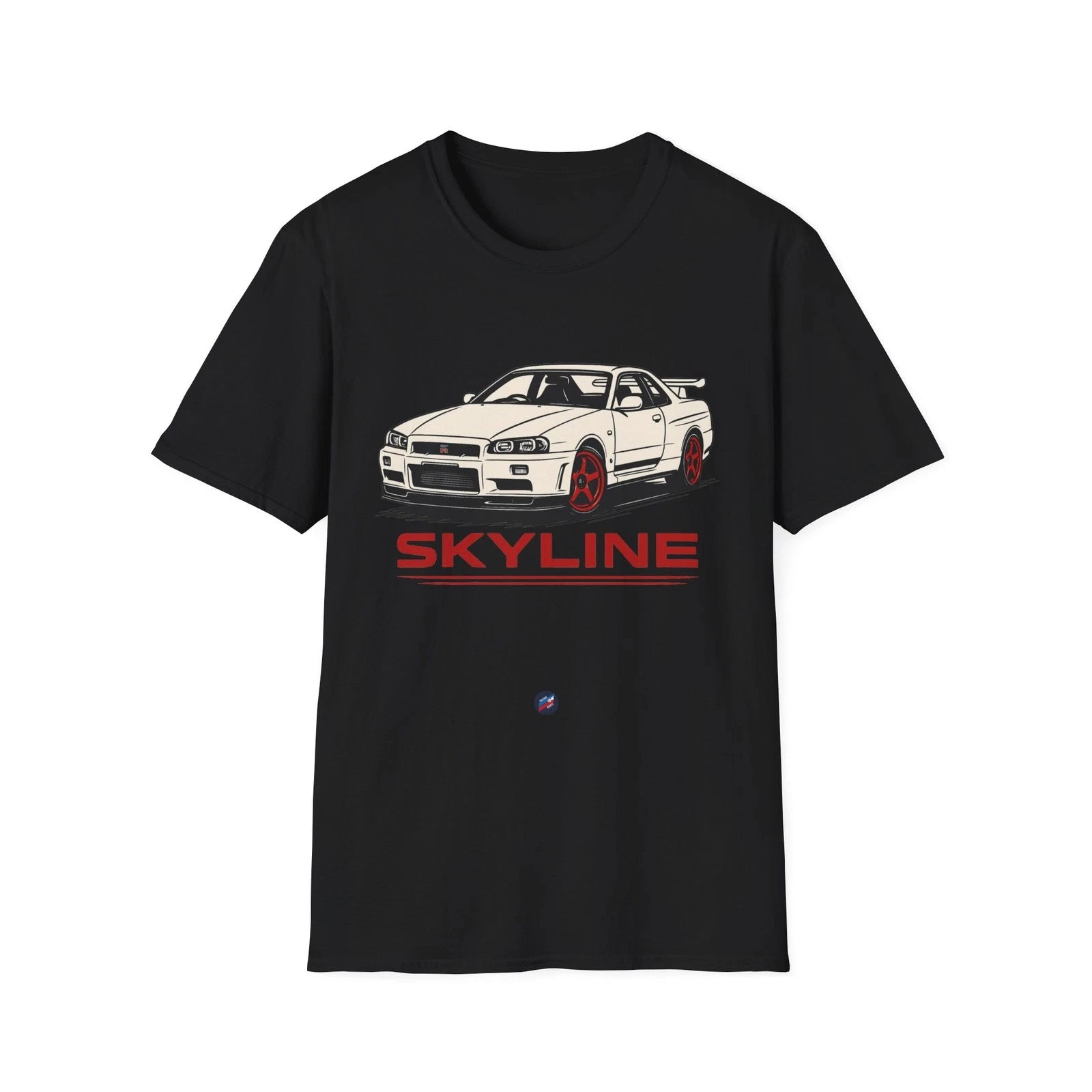R34 Skyline GT-R JDM Shirt – White GTR with Red Wheels Street Racer Graphic Tee