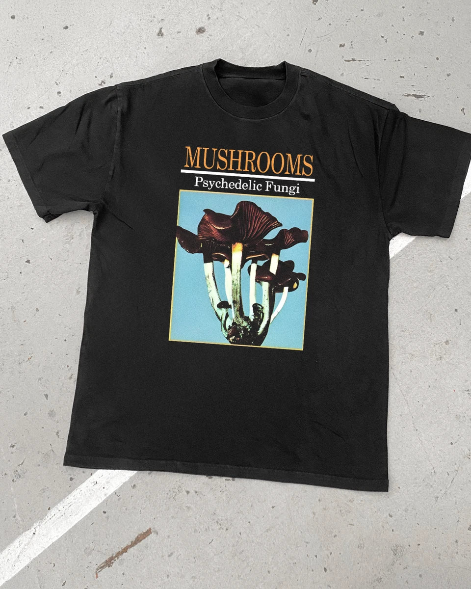 Drug Encyclopedia 'Mushrooms' Heavy Faded Black Tee S-5XL