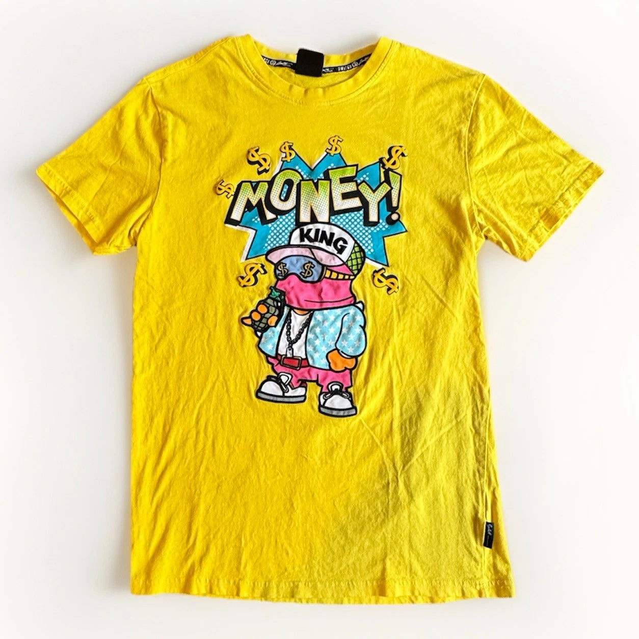 Money King Graphic Tee Mens M Yellow Streetwear Cartoon Hip Hop Y2K