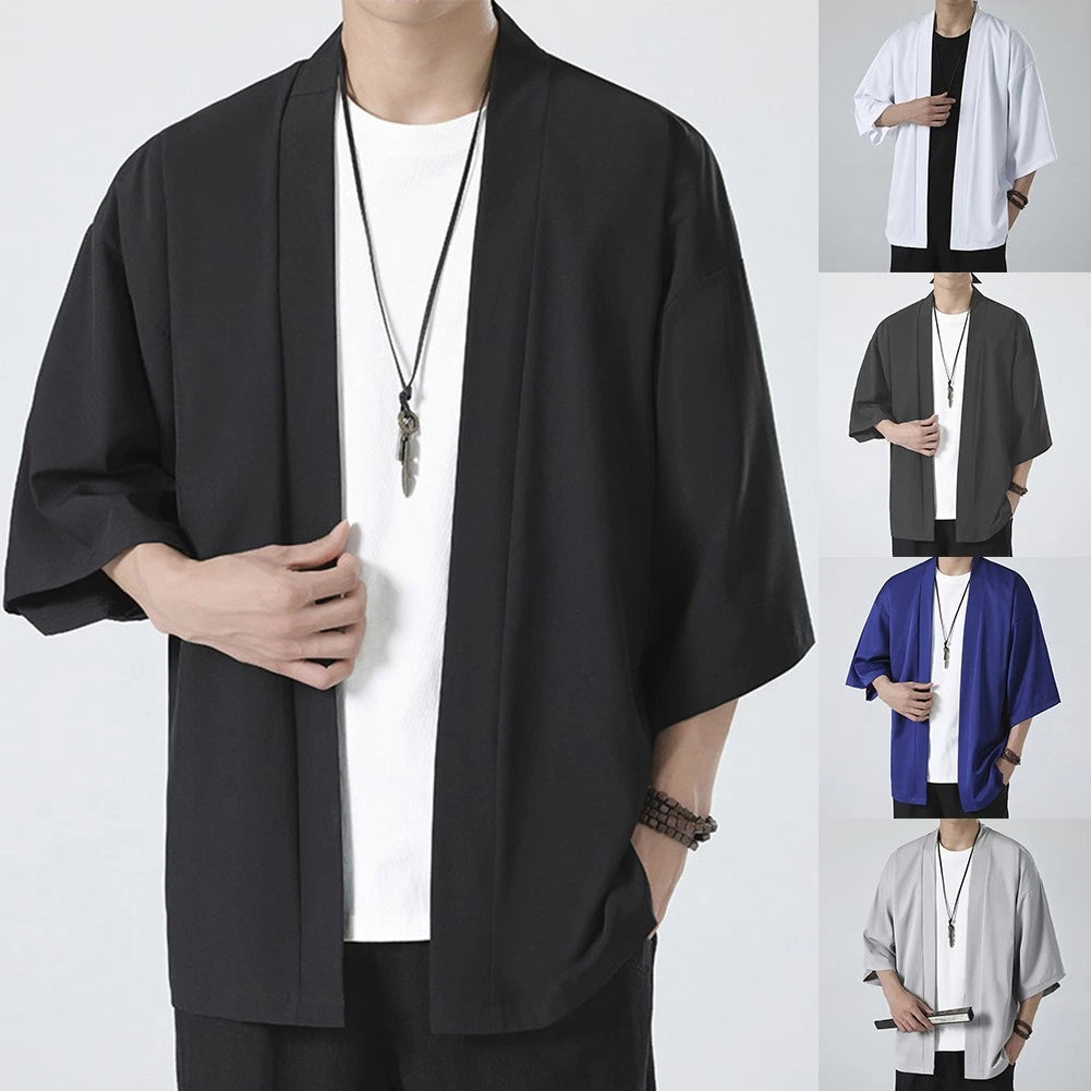 Trendy Loose Fit Men's Kimono Top Shirt Robe Coat Open Front Cardigan Yukata