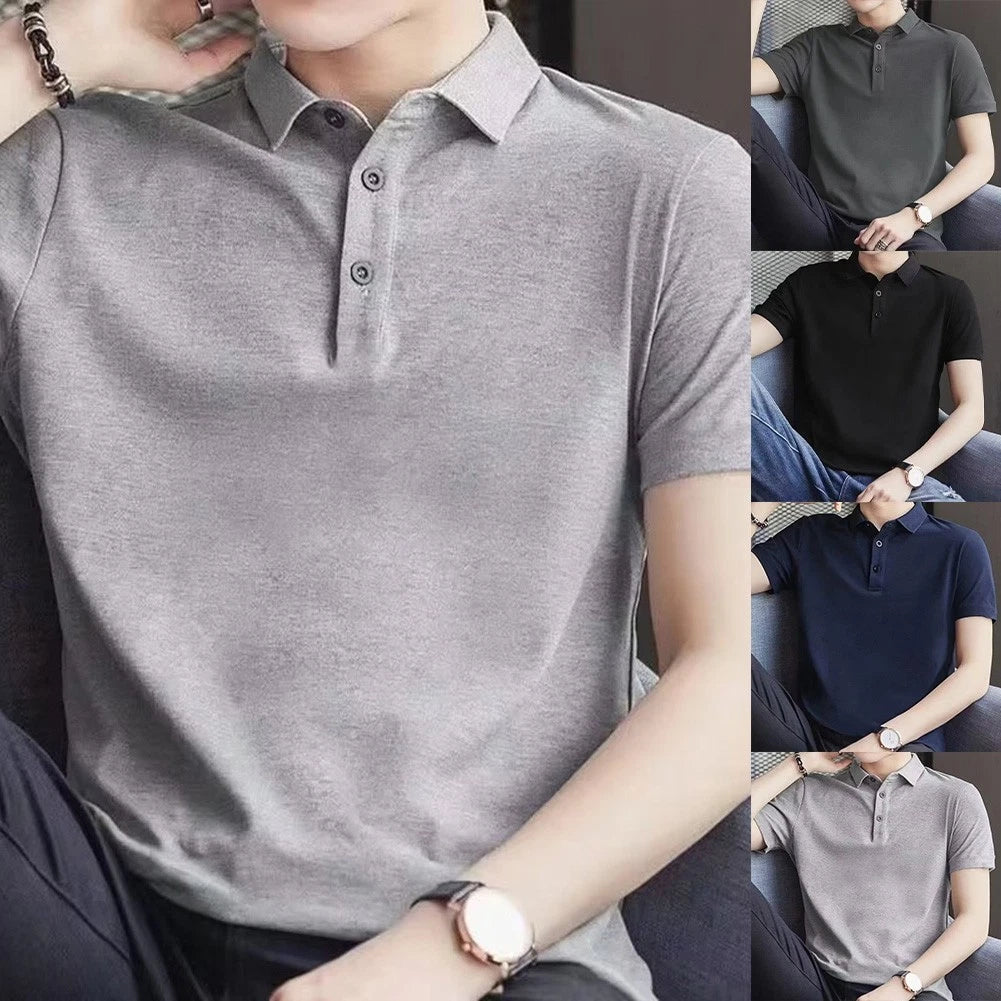 Men's Solid Color Short Sleeve T Shirt Lapel for Men's Streetwear Style