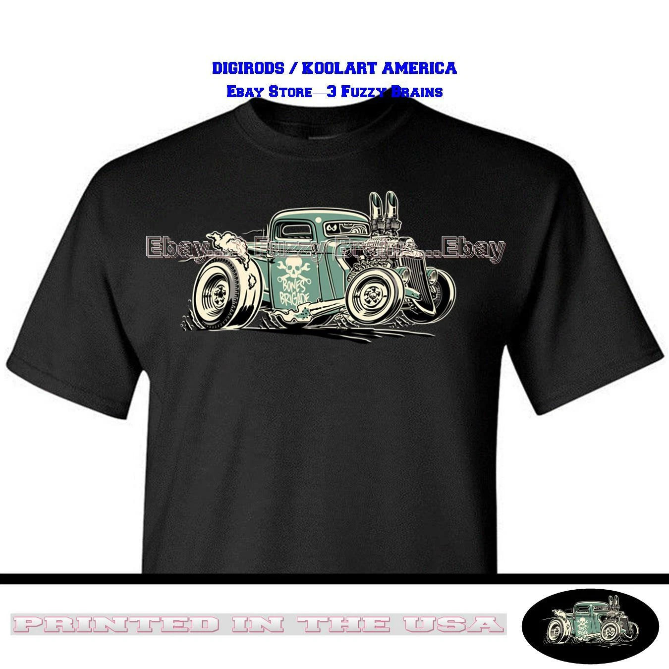 Rat Rod Retro Bones Brigade Pickup Truck Cartoon Car Art Graphic Black T Shirt