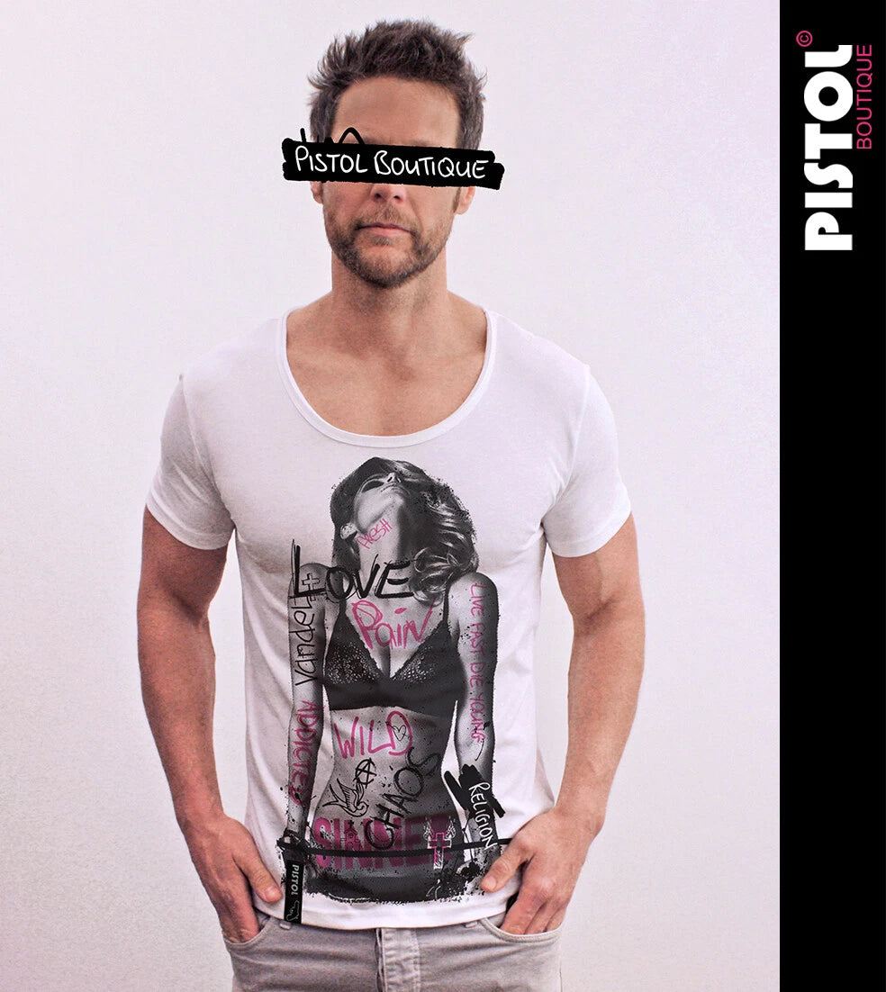 Pistol Boutique Men's White Scoop Round Neck GRAFFITI TATTOOS GIRL T-shirt
