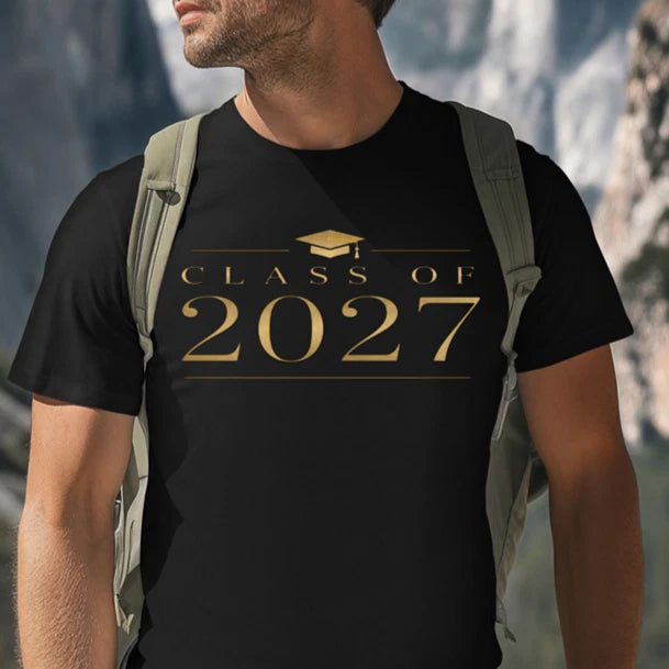 Class of 2027 Shirt, Gold Senior Graduation Tee, Elegant Black Graduate Shirt