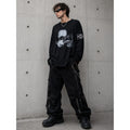 MWM Black Graphic Long Sleeve Distressed Oversized Tee Streetwear Cyber Japanese