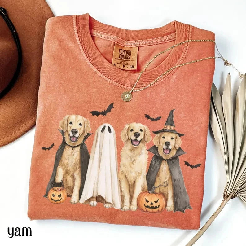 Halloween Dog Comfort Colors Shirt Pumpkin Golden Retriever Fall Spooky Season