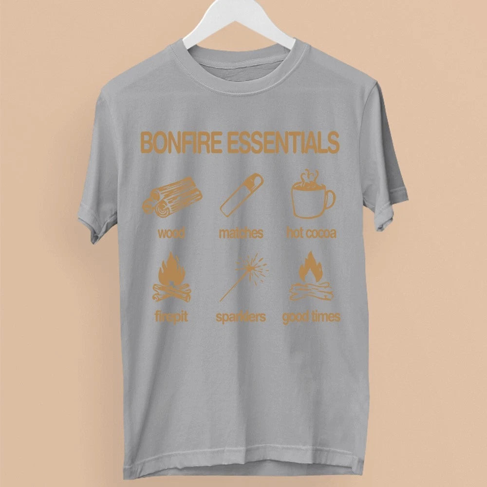 Bonfire Essentials T-Shirt Wood Matches Hot Cocoa Firepit Sparklers Camping