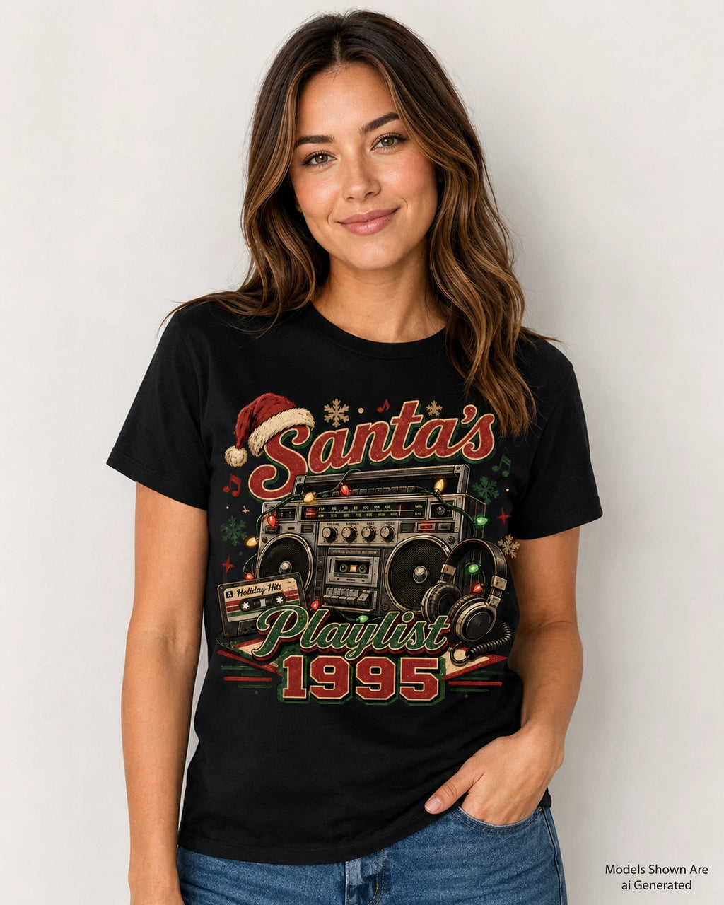 Santa's Playlist 1995 Tee | Retro Boombox Christmas Design Holiday Playlist Gift