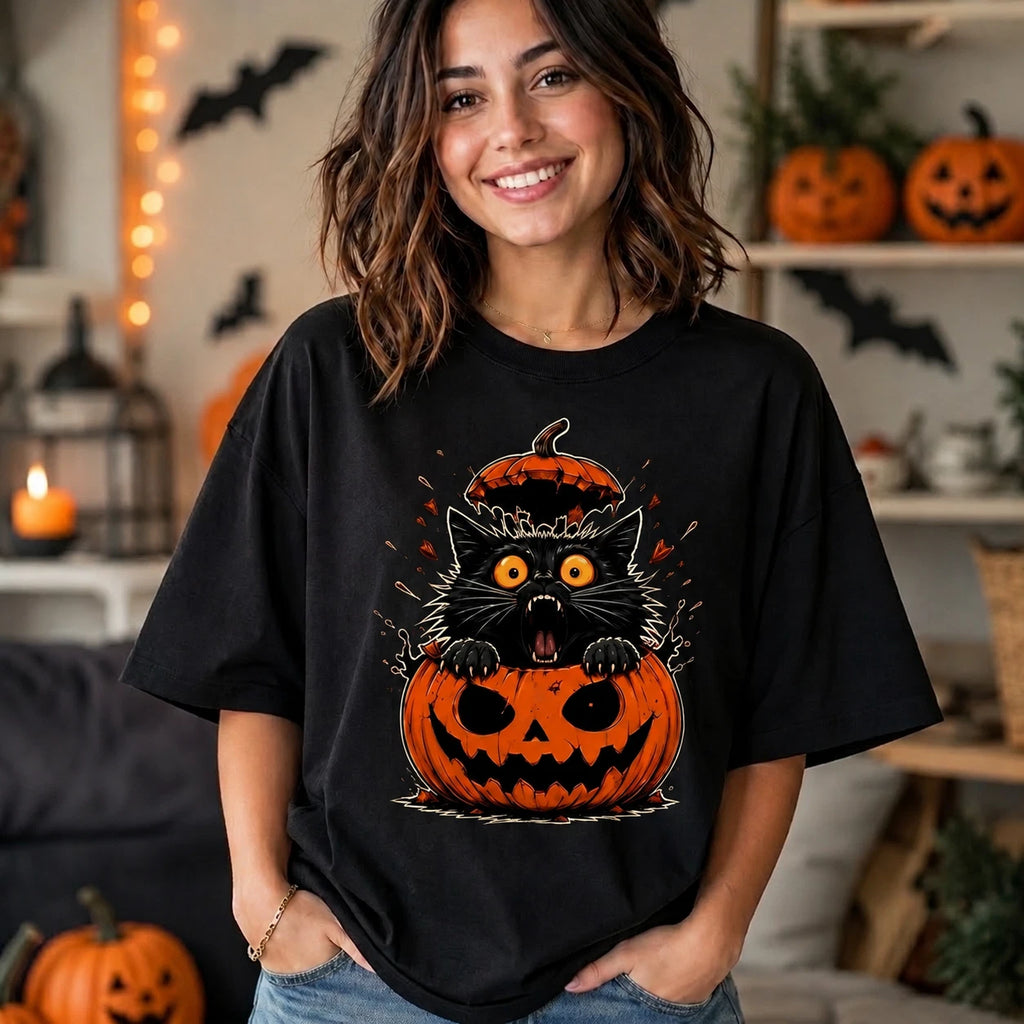 Halloween Black Cat Pumpkin Women T Shirt