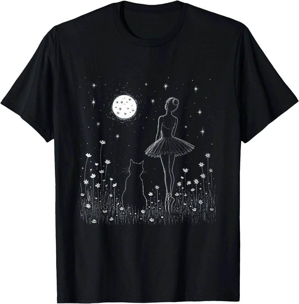 Celestial Ballerina and Cat Moon Stars Ballet Dance Graphic T-Shirt